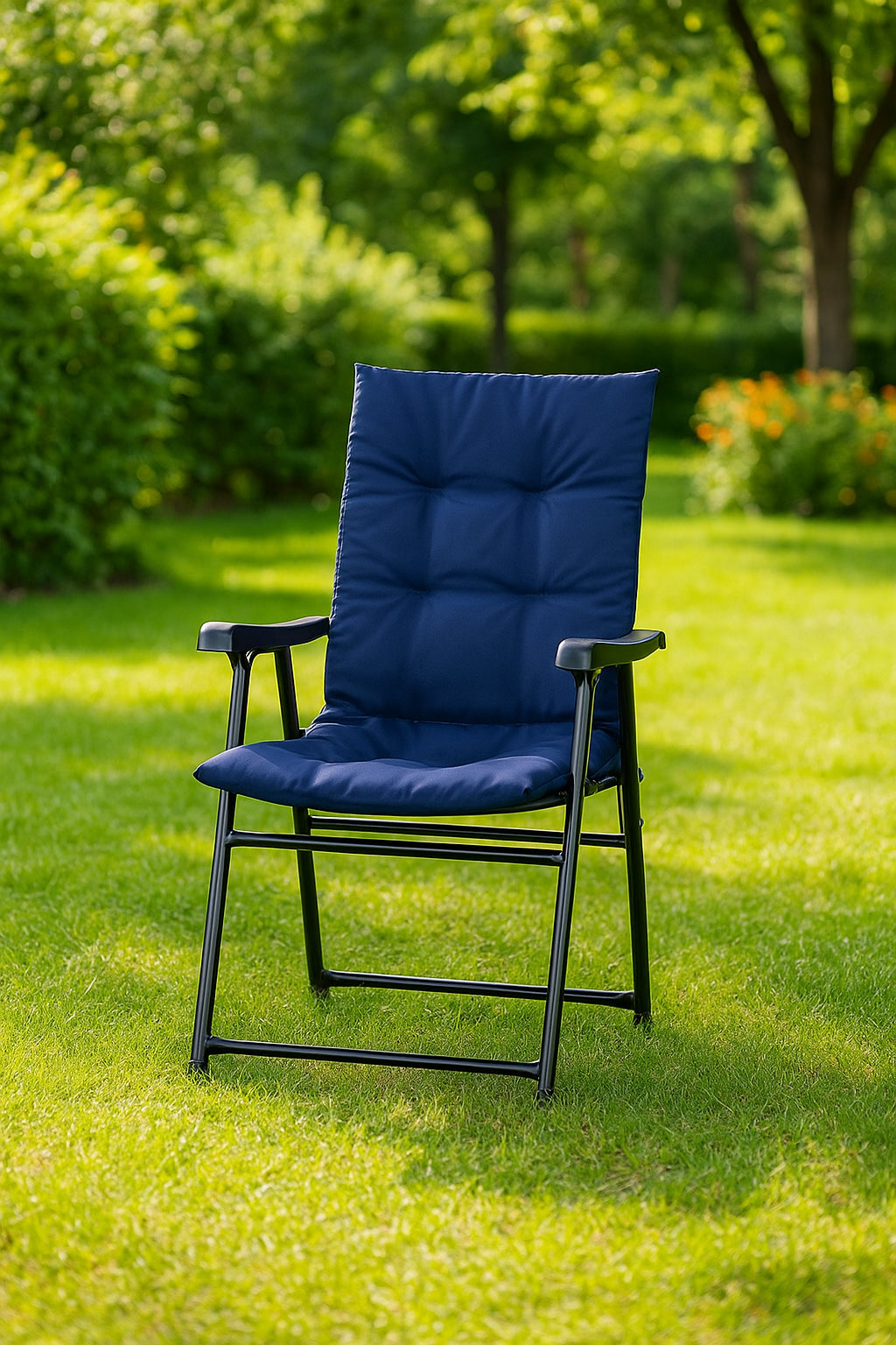 Scaun pliabil de gradina cu perna, structura metalica, 59x66x90 cm, albastru