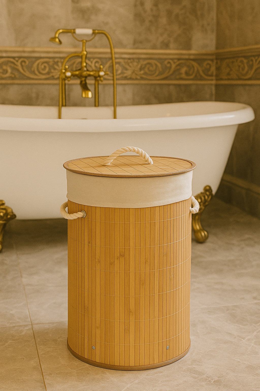 Cos rufe rotund 5Five Bambou cu capac, bambus, 48 litri, 35x50 cm, natur