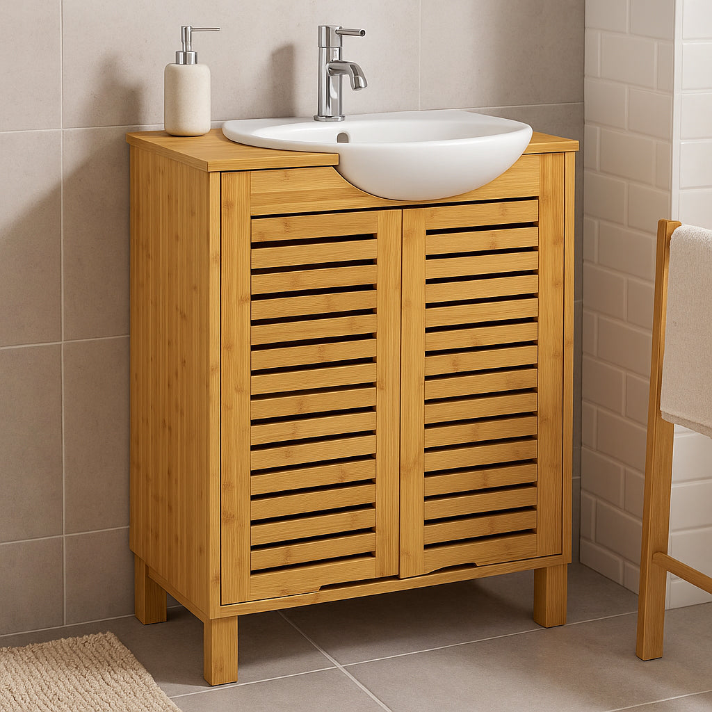 Dulap baie 5Five Sicela pentru lavoar, cu usi si rafturi, bambus si MDF, 60x28x80 cm, natur