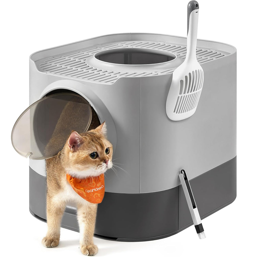 FEANDREA Litiera pisici XL cu 2 cai de acces, tava glisanta curaare rapida, 54x43x40 cm, gri