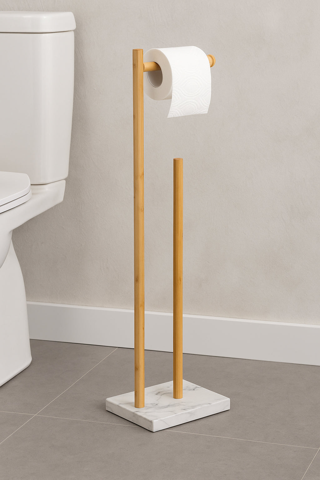 Suport hartie igienica 5Five Lea cu spatiu depozitare, bambus, 22x18x78 cm, alb si maro