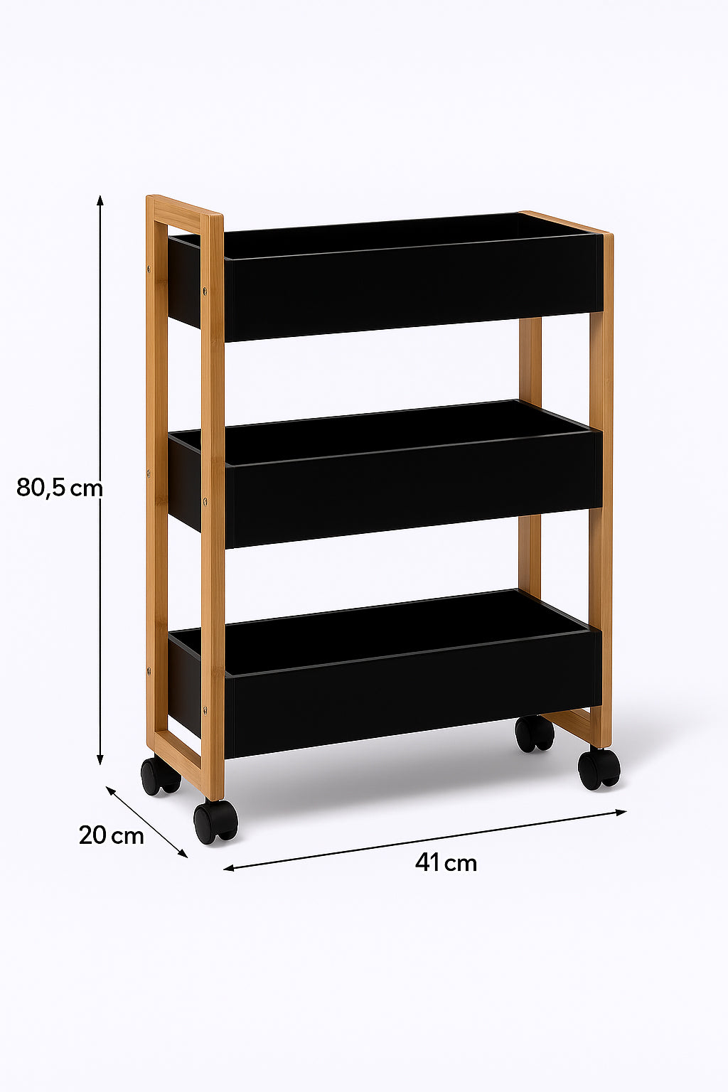 Etajera cu roti Atmosphera Natureo cu 3 niveluri, bambus si MDF, 41x20x81 cm, negru