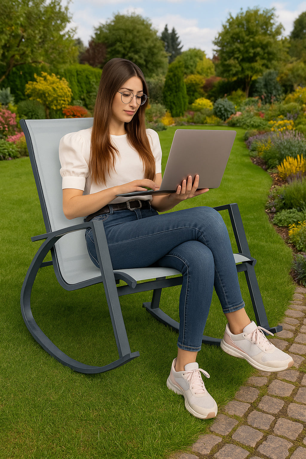 Scaun balansoar de gradina din metal si textil, 60x104x95 cm, capacitate 120 kg, gri