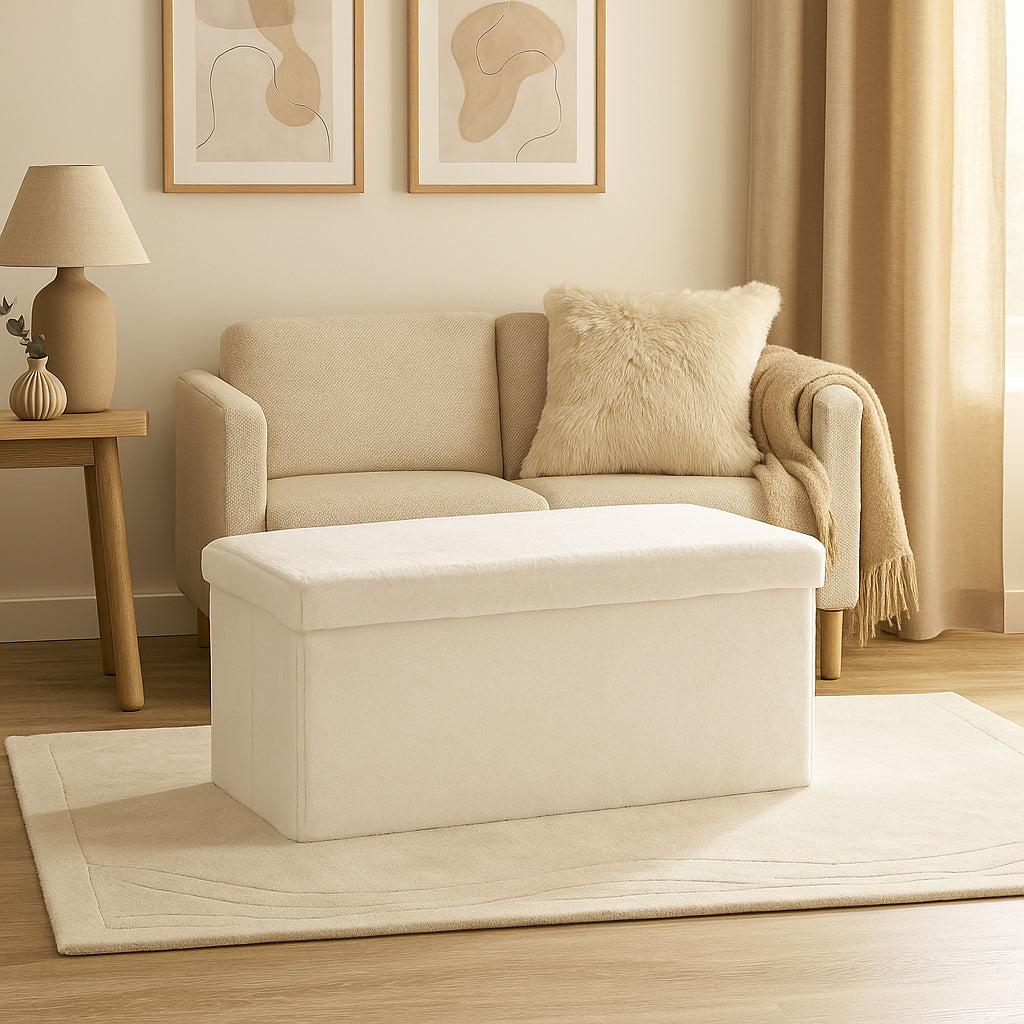 Taburet pliabil Atmosphera Ezzio cu depozitare, 76x38x38 cm, blana artificiala, alb