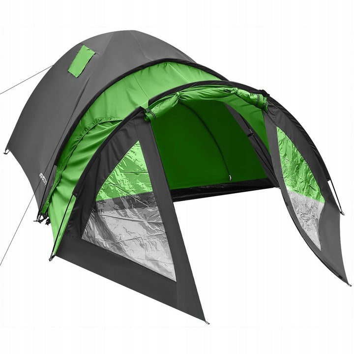 Cort camping 4 persoane cu antreu, impermeabil 3000 mm, 450x210x150 cm, negru si verde