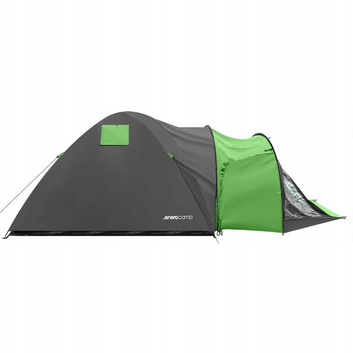 Cort camping 4 persoane cu antreu, impermeabil 3000 mm, 450x210x150 cm, negru si verde