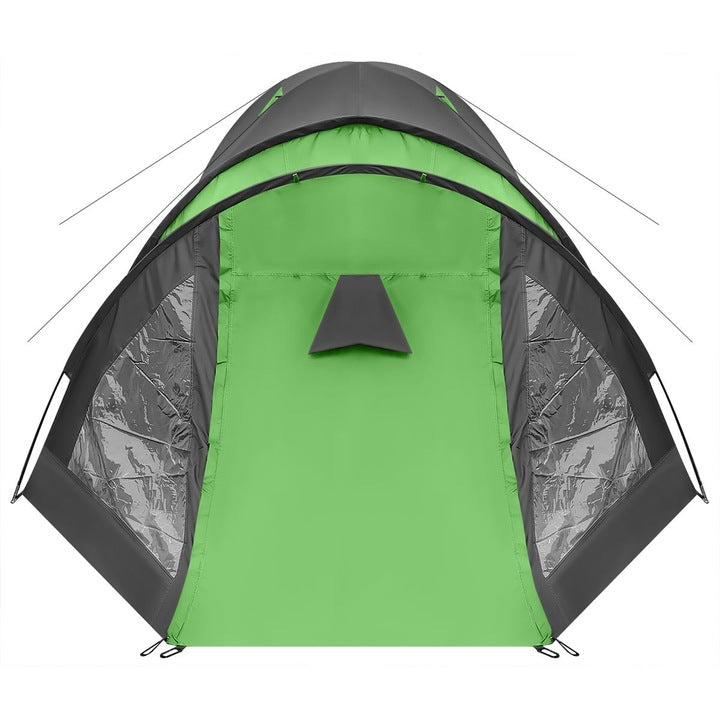 Cort camping 4 persoane cu antreu, impermeabil 3000 mm, 450x210x150 cm, negru si verde