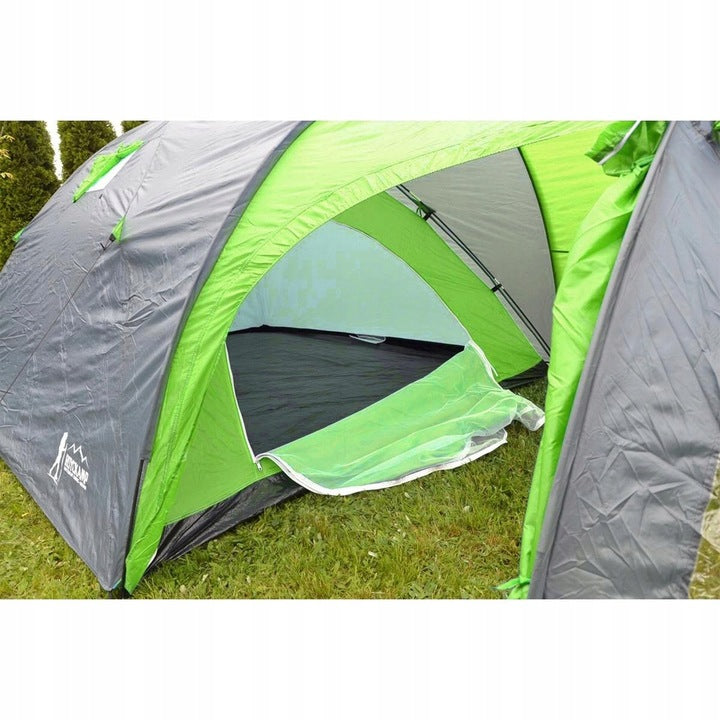 Cort camping 4 persoane cu antreu, impermeabil 3000 mm, 450x210x150 cm, negru si verde