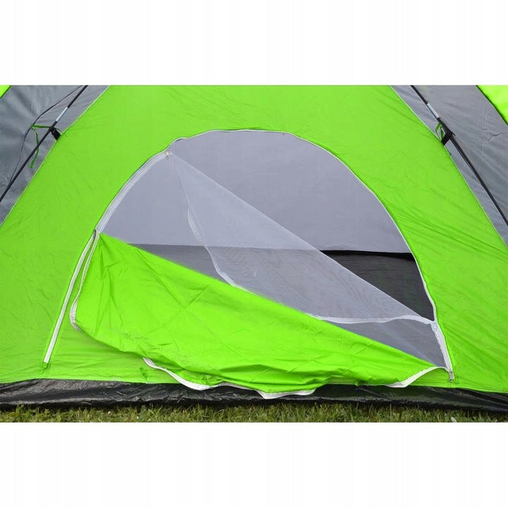 Cort camping 4 persoane cu antreu, impermeabil 3000 mm, 450x210x150 cm, negru si verde