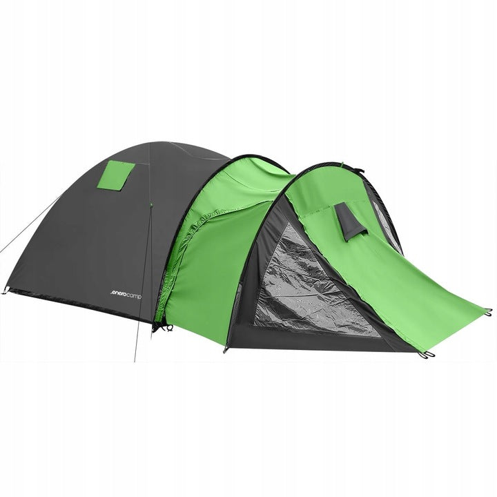 Cort camping 4 persoane cu antreu, impermeabil 3000 mm, 450x210x150 cm, negru si verde