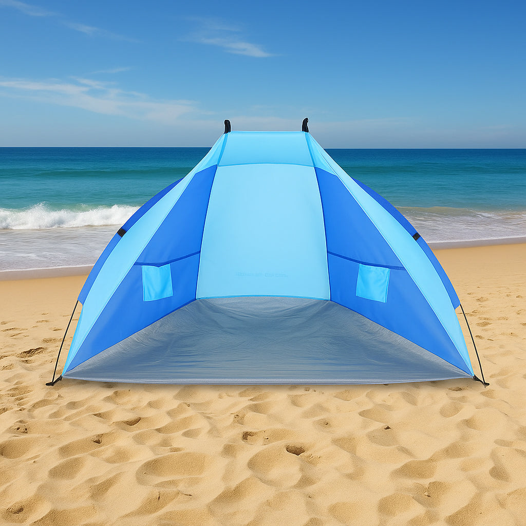 Cort plaja pentru 2 persoane, cu protectie UV si podea izolanta, 200x120x120 cm, albastru