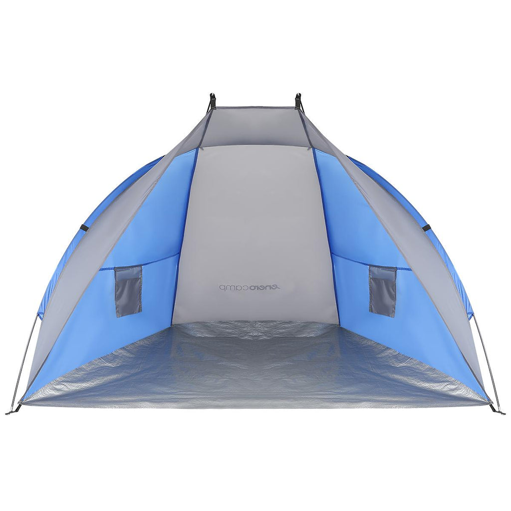 Cort plaja pentru 2 persoane, cu protectie UV si podea izolanta, 200x120x120 cm, albastru si gri