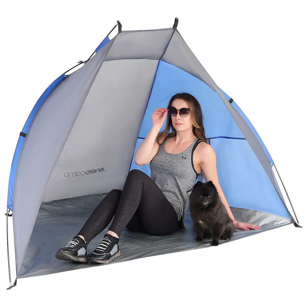 Cort plaja pentru 2 persoane, cu protectie UV si podea izolanta, 200x120x120 cm, albastru si gri