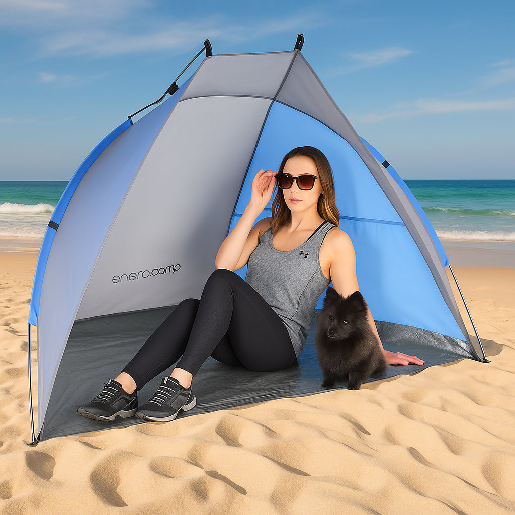 Cort plaja pentru 2 persoane, cu protectie UV si podea izolanta, 200x120x120 cm, albastru si gri