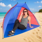 Cort plaja pentru 2 persoane, cu protectie UV si podea izolanta, 200x120x120 cm, albastru si roz