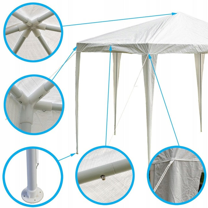 Pavilon gradina cu structura metalica, 6 pereti laterali detasabili, alb, 378x330x260 cm