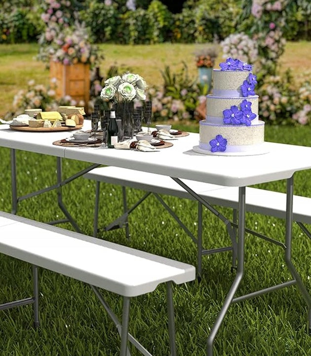 Banca pliabila pentru evenimente si catering, 183x28x43 cm, din HDPE si otel, alb