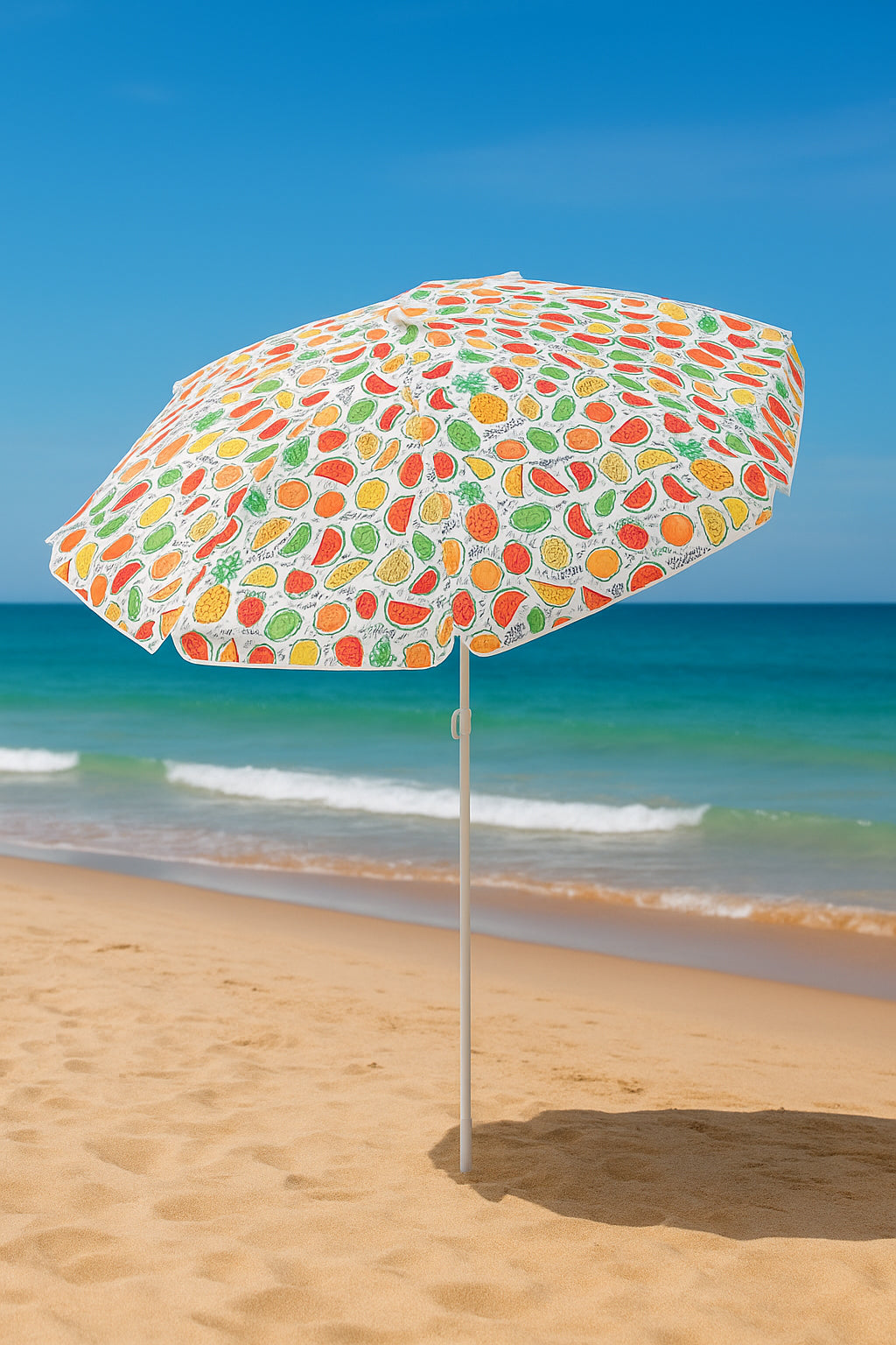 Umbrela plaja 180 cm cu imprimeu fructe, structura otel, reglabila pe inaltime si inclinare, multicolor