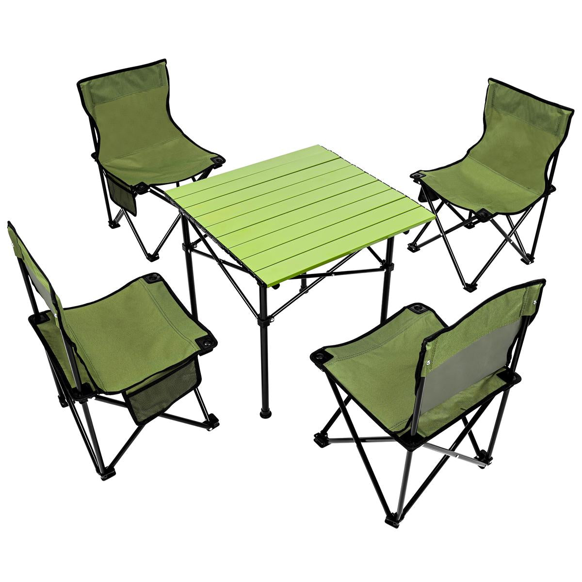 Set camping 5 in 1 cu masa si 4 scaune pliabile, structura otel si blat aluminiu, 53x52x50 cm, verde