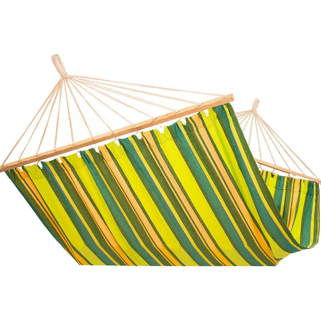 Hamac dublu cu bare din lemn, pentru 2 persoane, bumbac, 150kg, 200x150 cm, verde si galben