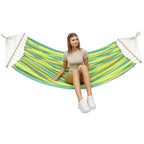 Hamac dublu cu bare din lemn, pentru 2 persoane, bumbac, 150kg, 200x150 cm, verde si galben