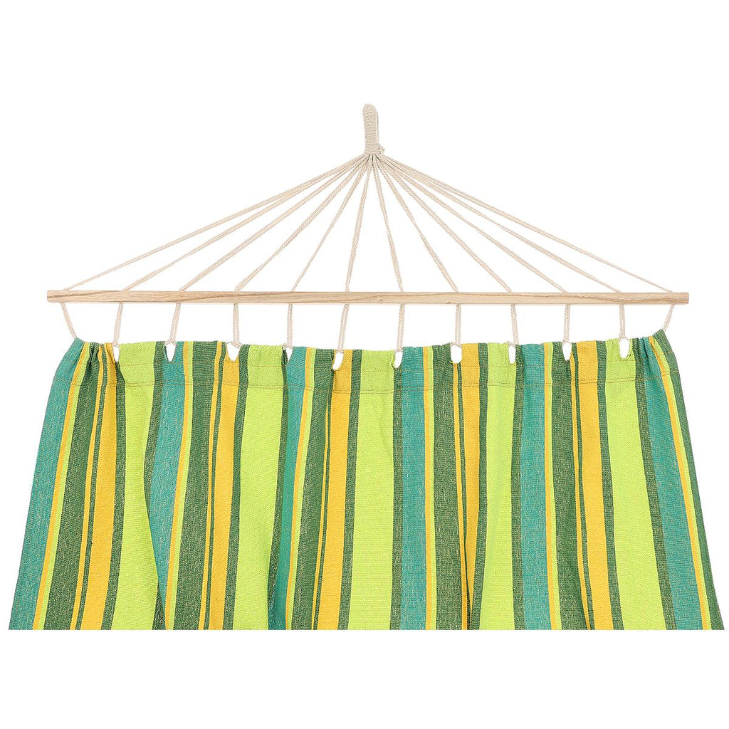 Hamac dublu cu bare din lemn, pentru 2 persoane, bumbac, 150kg, 200x150 cm, verde si galben
