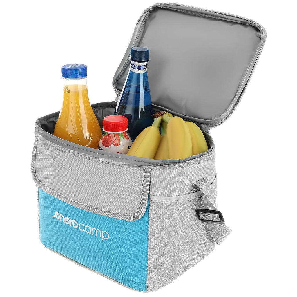 Geanta termica 10L cu buzunare, izolatie aluminiu, 24x19x22 cm, albastru si gri