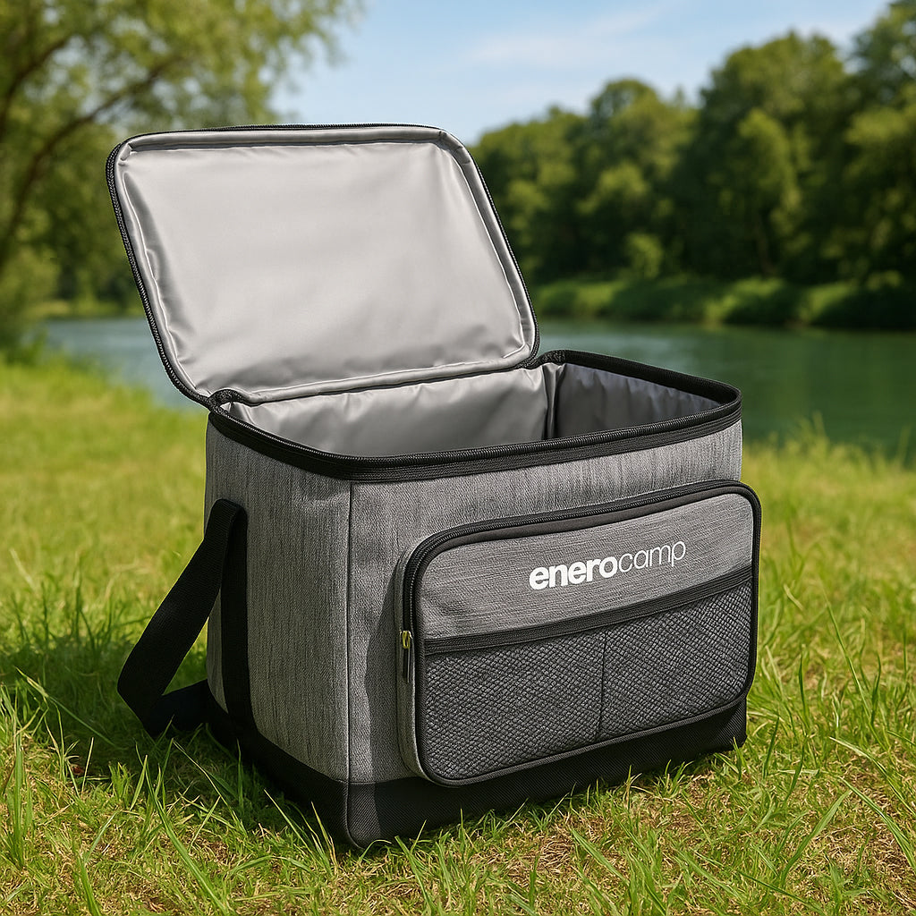 Geanta termica 25L cu buzunare frontale, strat interior PEVA si curea reglabila, 34x24x30 cm, gri