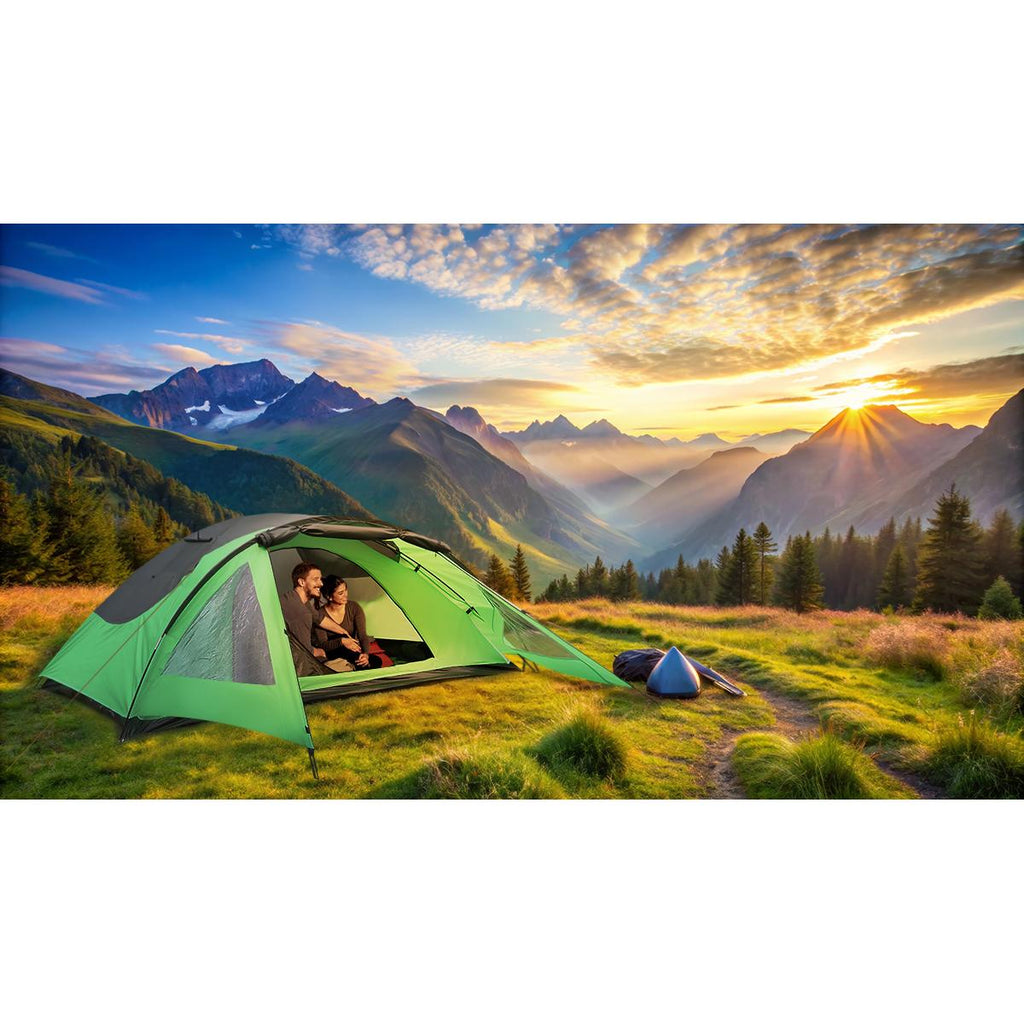 Cort camping 4 persoane cu antreu, protectie UV, impermeabil 3000 mm, 330x250x105 cm, gri