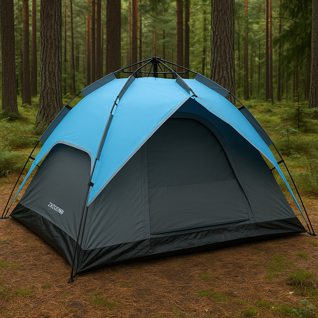 Cort camping 3 persoane, automat cu sistem pop-up, 2 intrari, 2000 mm, 210x180x140 cm, albastru
