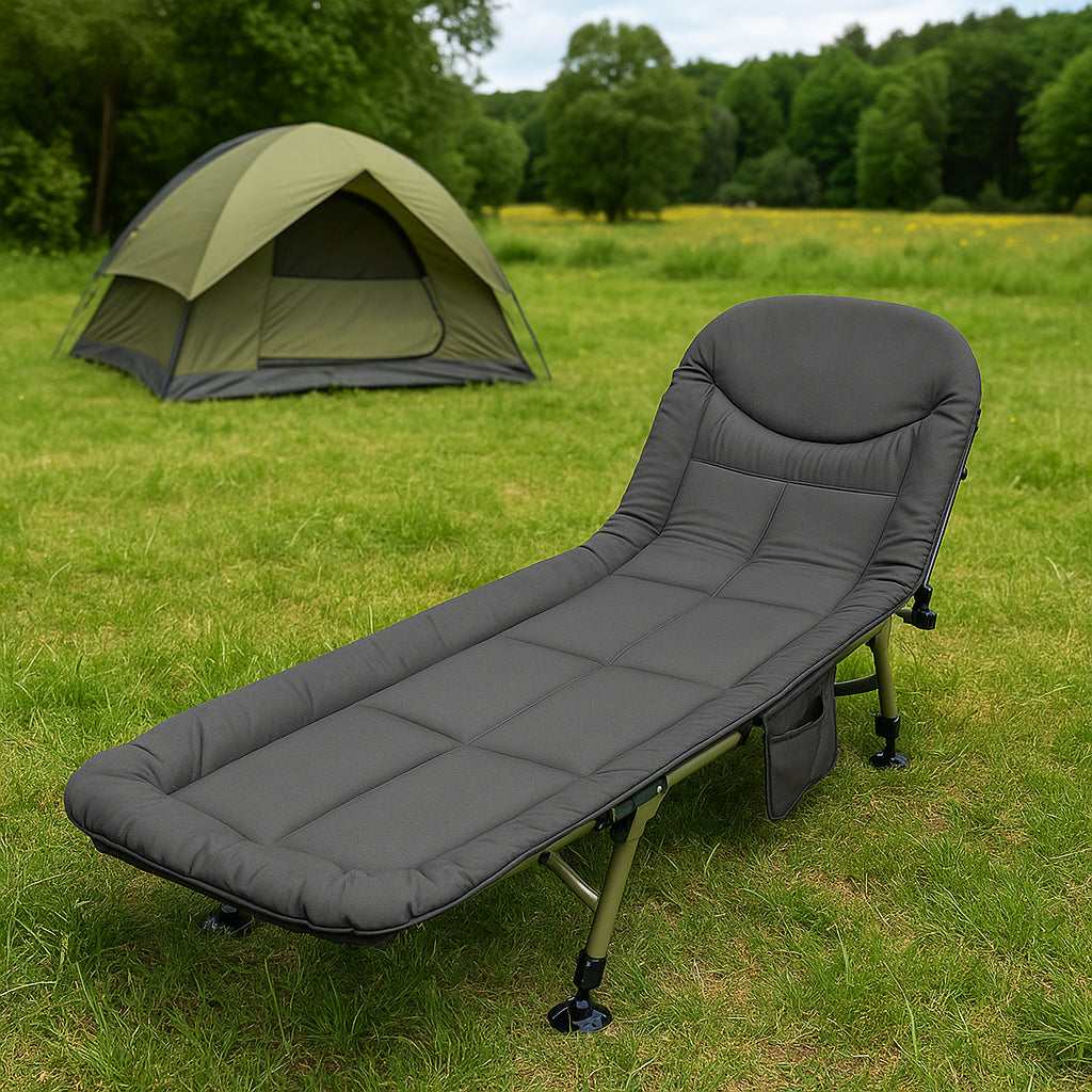 Pat camping turistic, pliabil, Deluxe cu spatar reglabil, maxim 150kg, 190x64x30 cm, gri