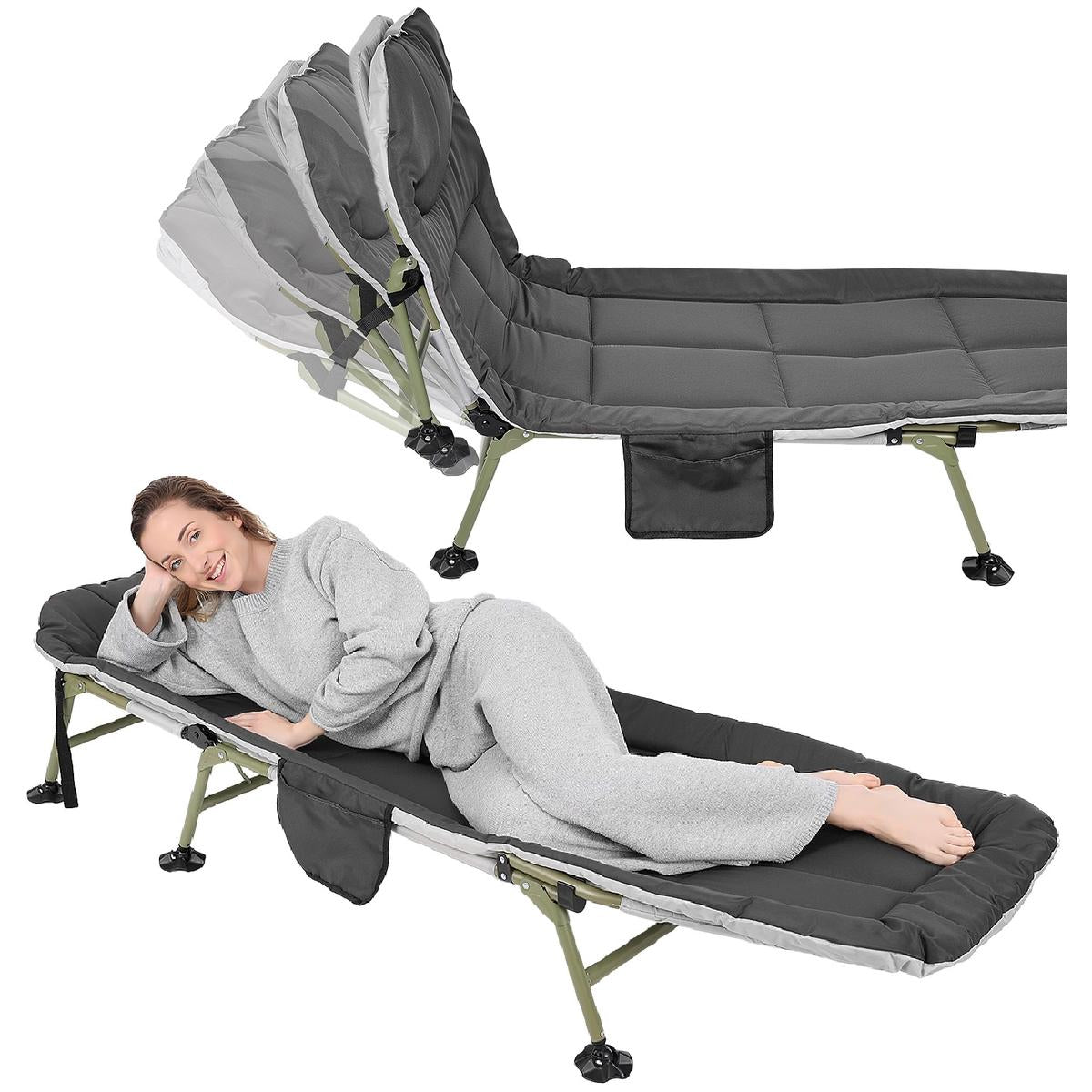 Pat camping turistic, pliabil, Deluxe cu spatar reglabil, maxim 150kg, 190x64x30 cm, gri