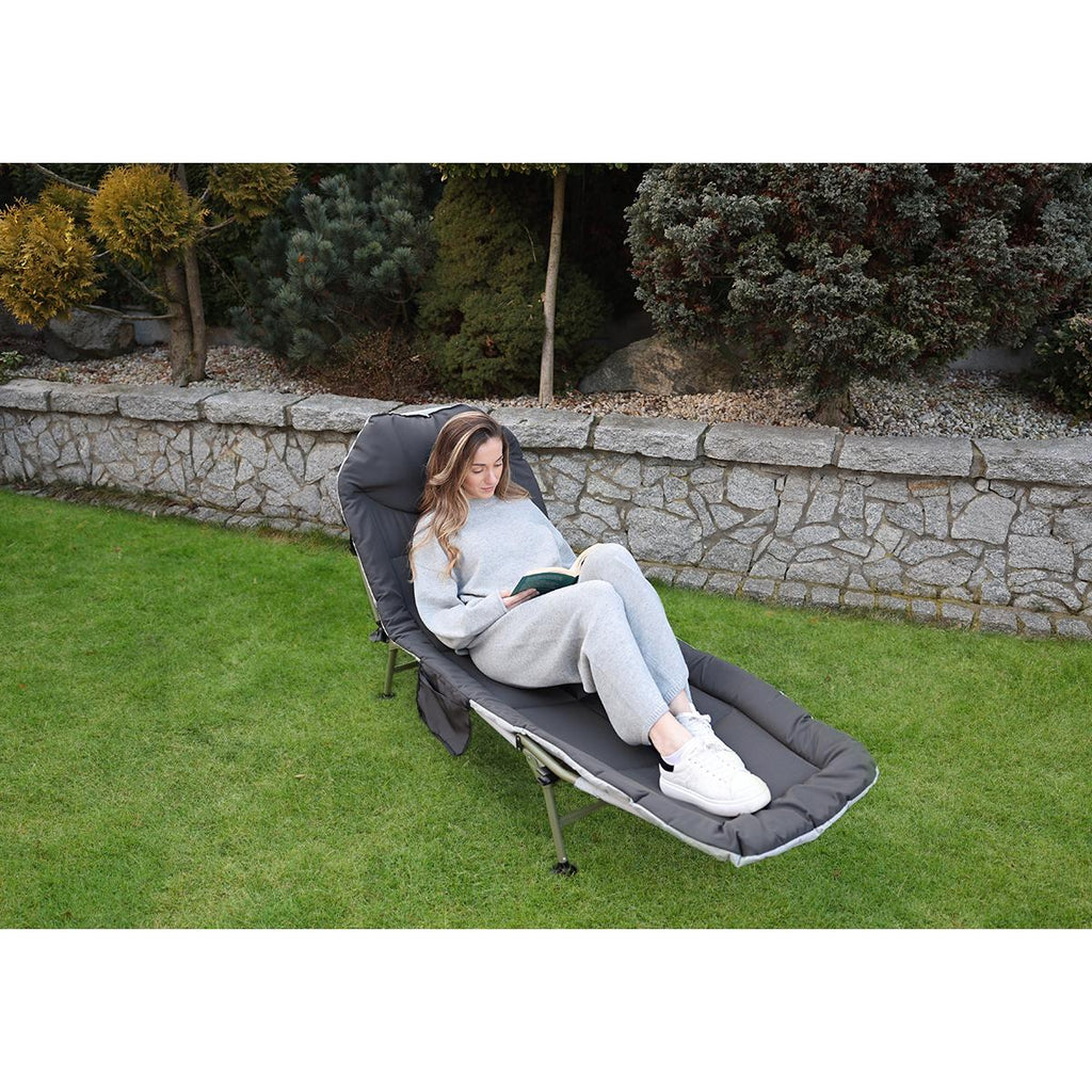 Pat camping turistic, pliabil, Deluxe cu spatar reglabil, maxim 150kg, 190x64x30 cm, gri