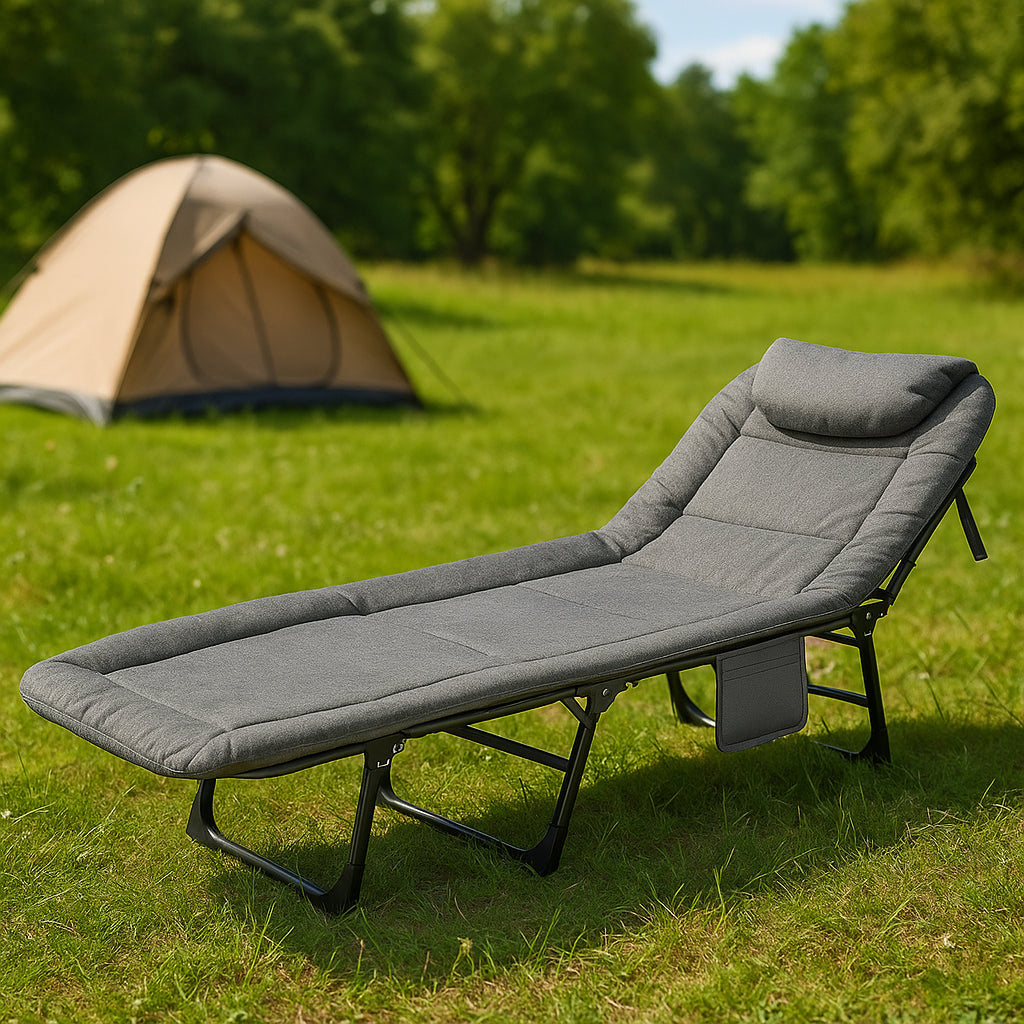 Pat pliabil camping Deluxe Trip cu spatar reglabil tip sezlong, 200x65x29 cm, gri