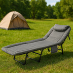 Pat pliabil camping Deluxe Trip cu spatar reglabil tip sezlong, 200x65x29 cm, gri
