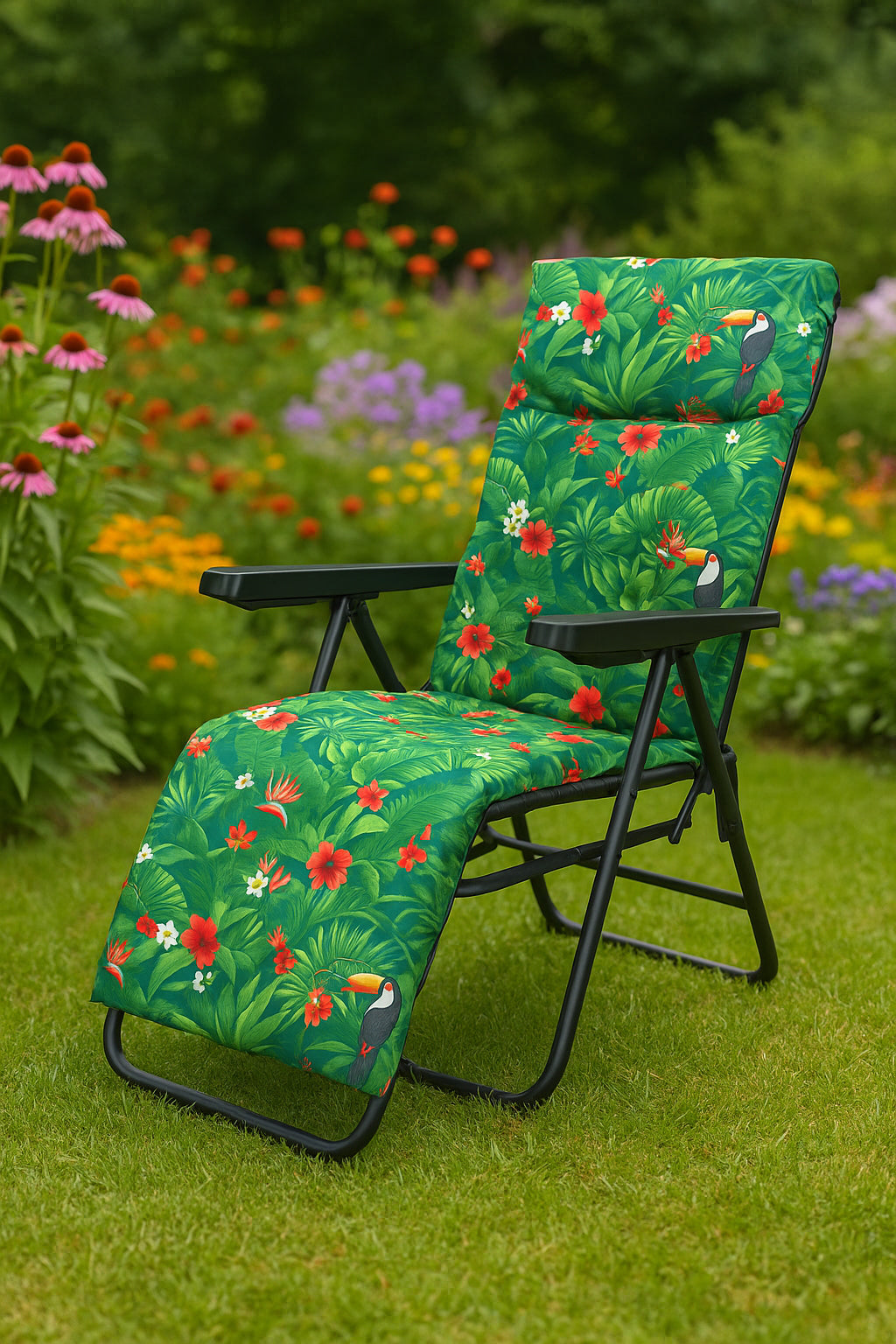 Scaun de gradina cu perna, reglaj pe pozitii, cadru metalic pliabil, 57x83x106 cm, multicolor