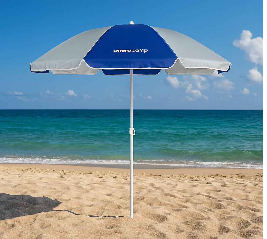 Umbrela plaja sau balcon cu inclinare, tija metalica, 160 cm, alb-albastru