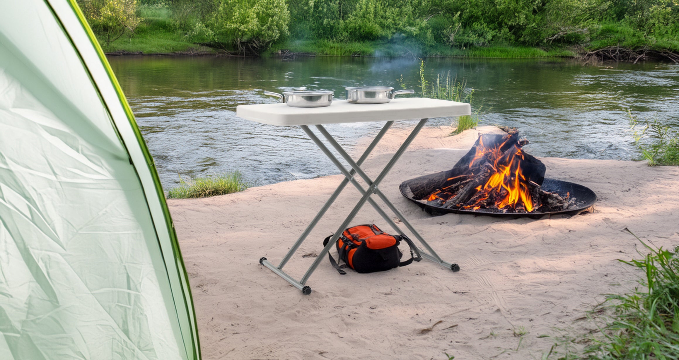 Masa pliabila 76x50 cm, inaltime reglabila 36-71 cm, pentru terasa, gradina sau camping, HDPE alb