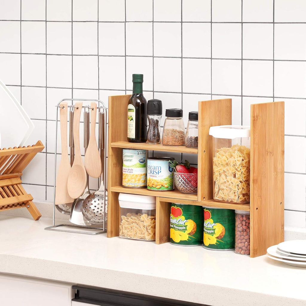 SONGMICS Organizator modular cu 3 forme de depozitare reglabile, din bambus, 65x15x40 cm, maro