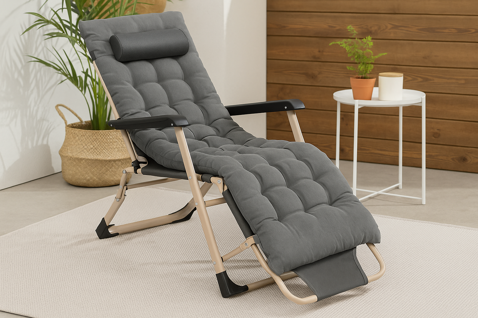 Sezlong pliabil cu perna si suport picioare reglabil, 176x66x92 cm, gri