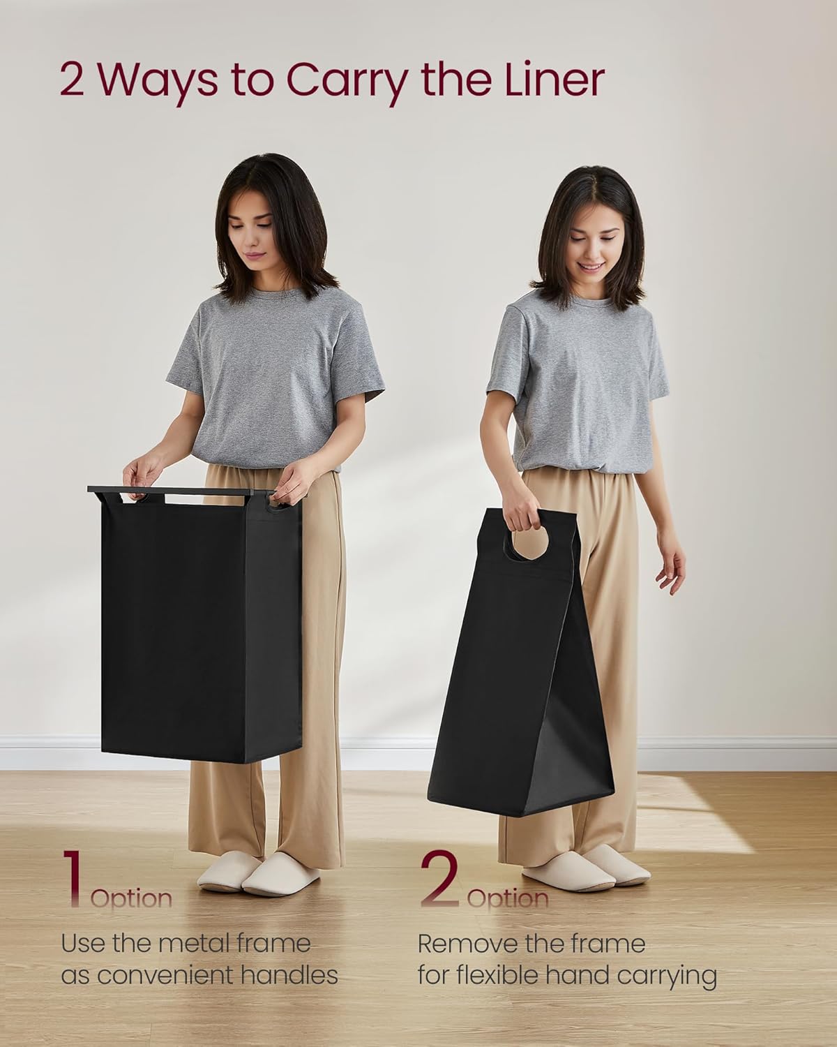 VASAGLE Cos rufe pentru spatii inguste, 47L cu sac textil detasabil, raft superior si cadru metalic, 42x22x75 cm, maro rustic