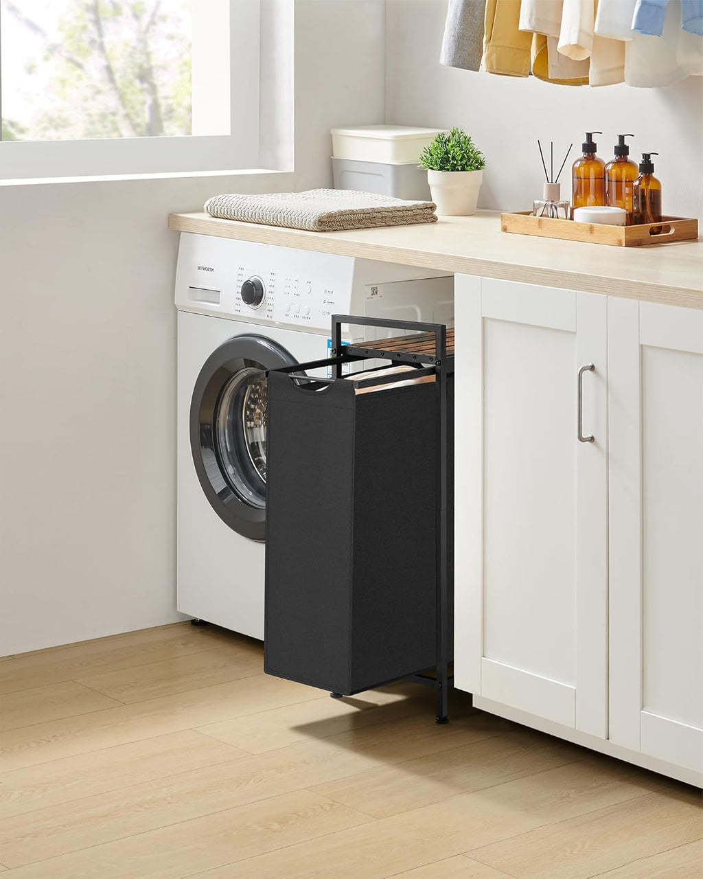 VASAGLE Cos rufe pentru spatii inguste, 47L cu sac textil detasabil, raft superior si cadru metalic, 42x22x75 cm, maro rustic