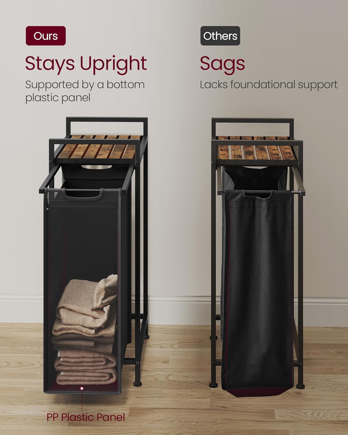 VASAGLE Cos rufe pentru spatii inguste, 47L cu sac textil detasabil, raft superior si cadru metalic, 42x22x75 cm, maro rustic