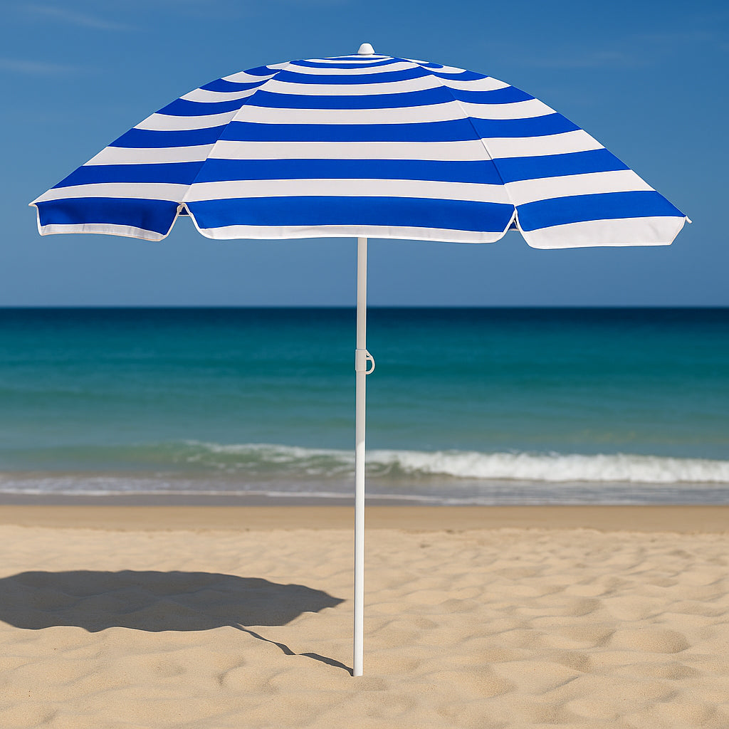 Umbrela de plaja pliabila cu inclinare reglabila, diametru 180 cm, albastru si alb