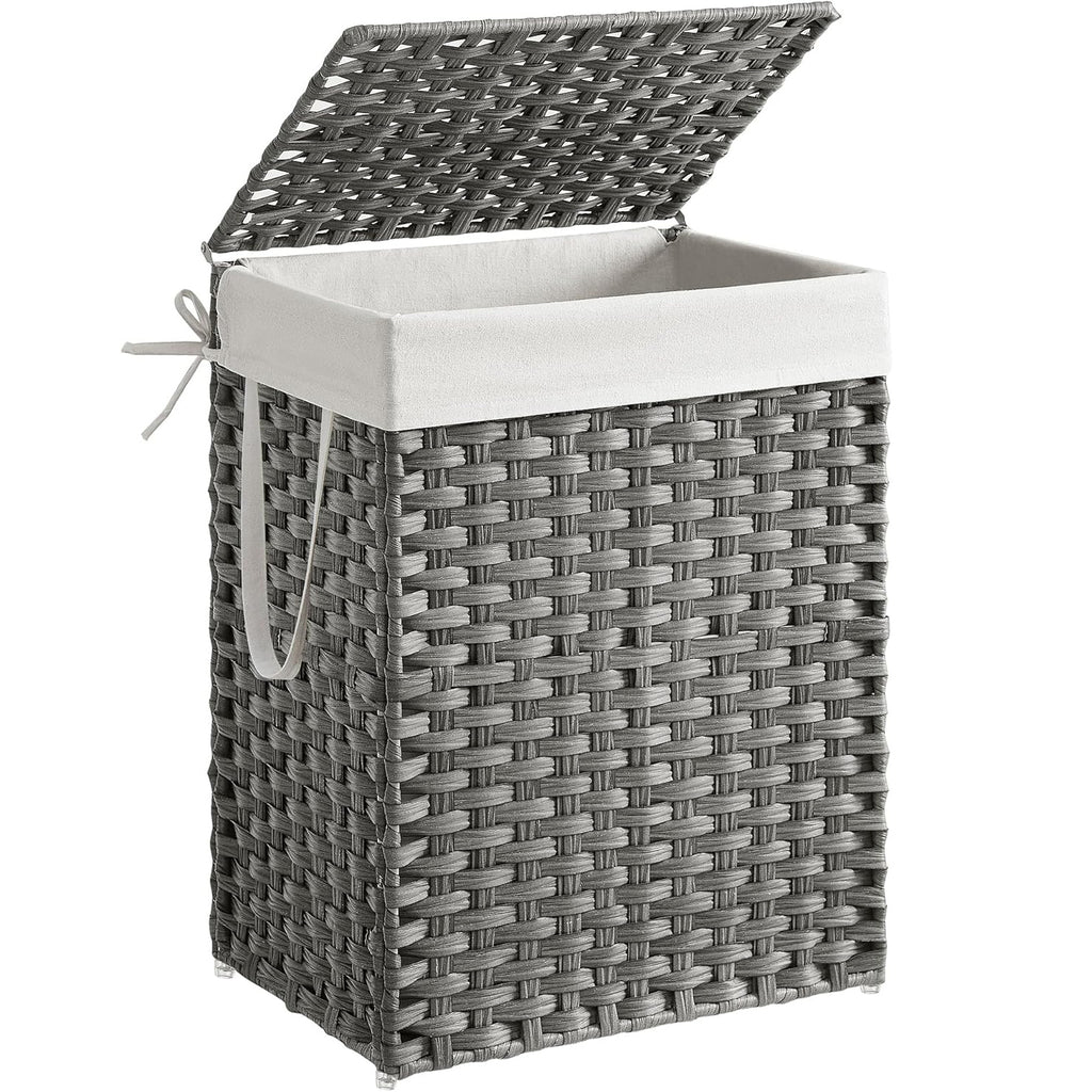 SONGMICS Cos rufe cu capac, ratan sintetic si sac detasabil, 90 L, 46x33x60 cm, gri