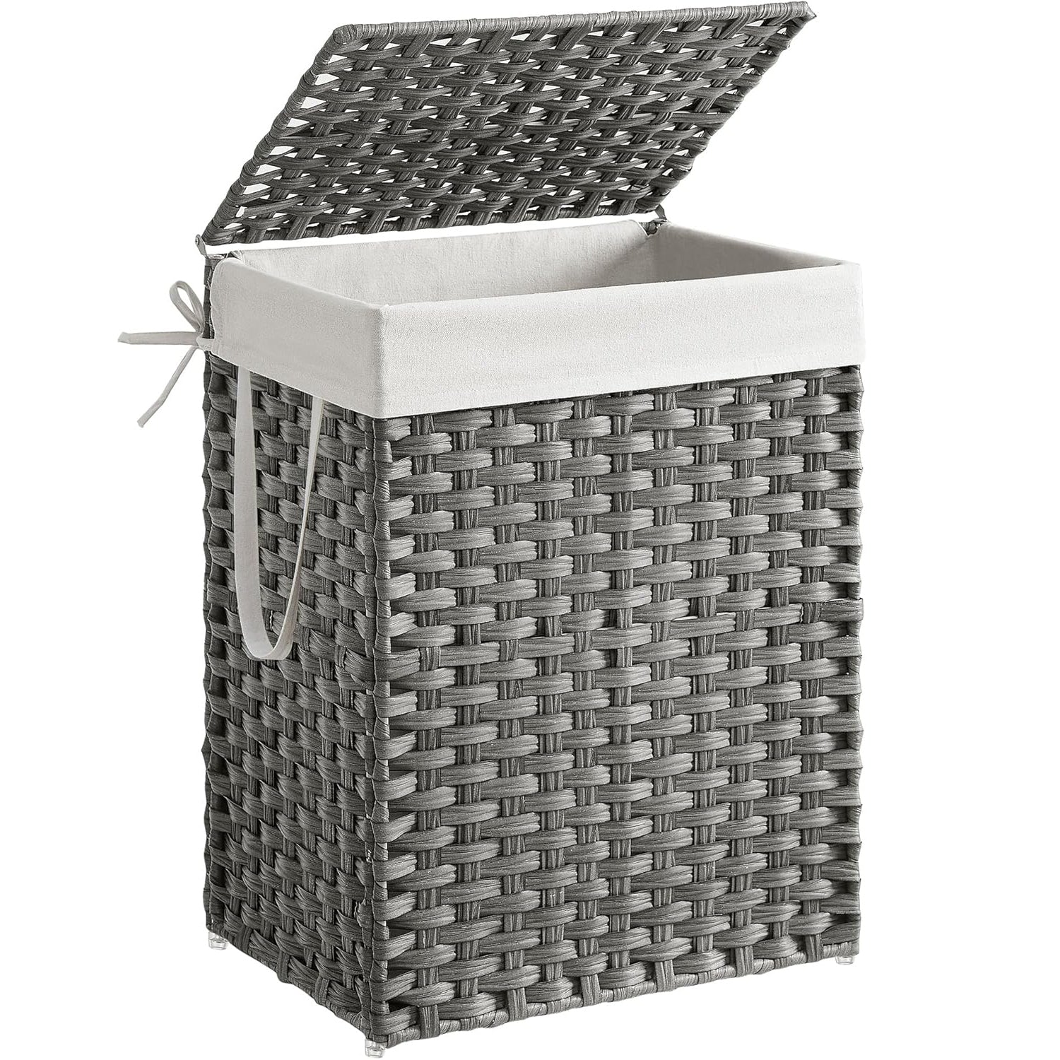 SONGMICS Cos rufe cu capac, ratan sintetic si sac detasabil, 90 L, 46x33x60 cm, gri