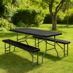 Set masa pliabila cu 2 banci, 180 cm, negru, HDPE si cadru metalic anticoroziv