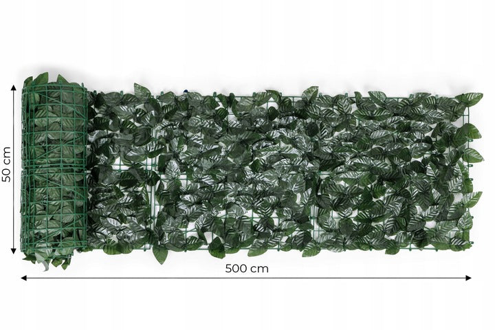 Gard artificial decorativ 50x500 cm, frunze ornamentale, protectie UV si intemperii, plastic PVC, verde inchis
