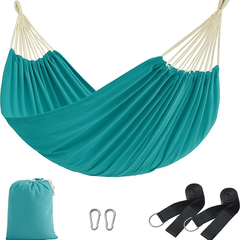 SONGMICS Hamac dublu, accesorii de prindere cu chingi si carabiniere, 210x150 cm, 300 kg, albastru