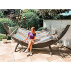 Hamac gradina cu bara din lemn, material textil, 120 kg, 200x100 cm, albastru si maro